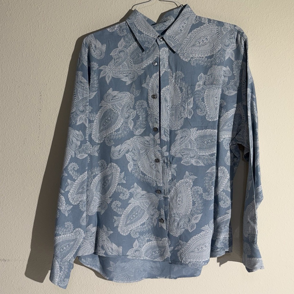 Murano Mens Linen Paisley Button Up Shirt Blue White Long Sleeve Vintage